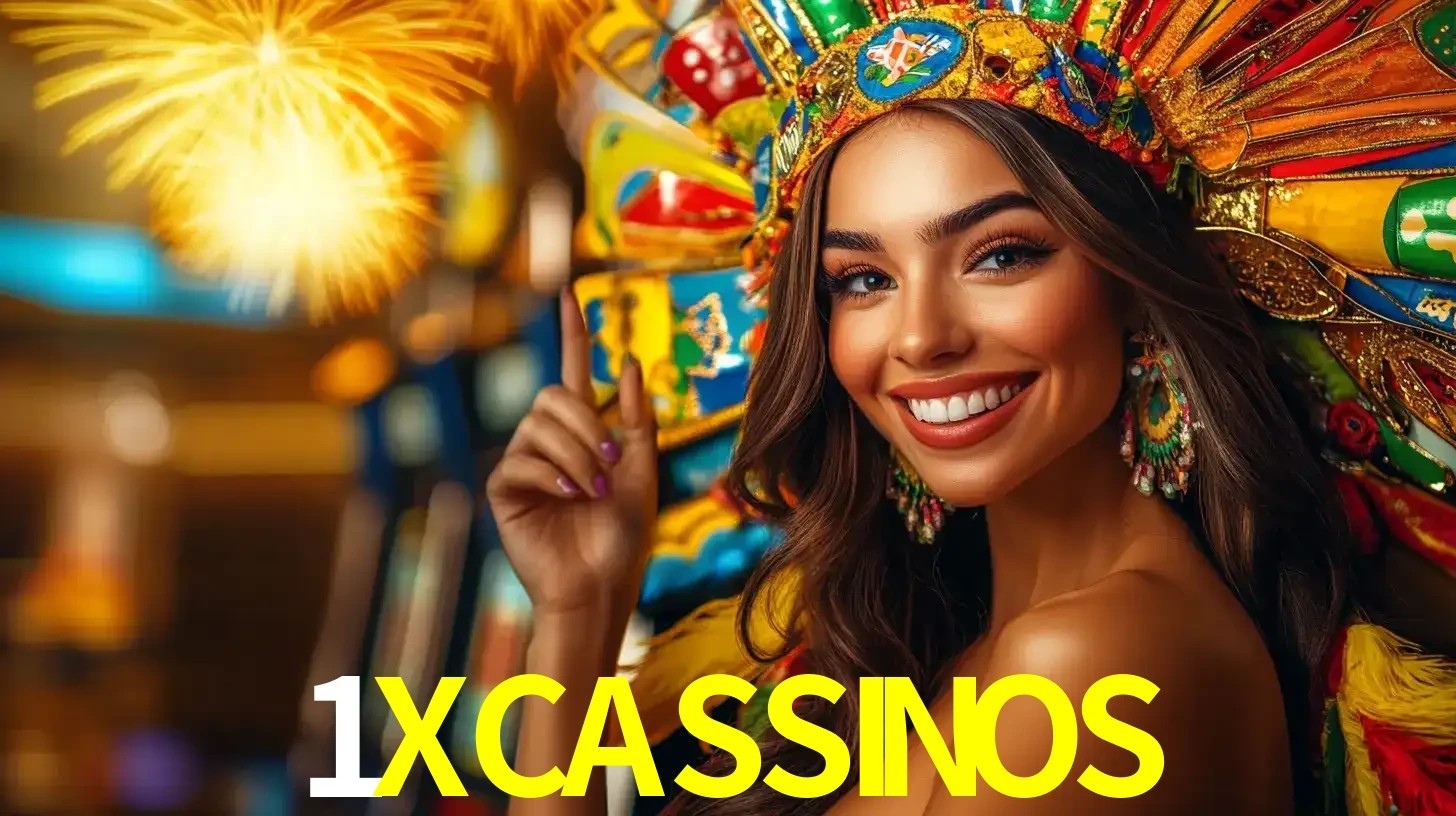 Mulher sorridente com um cocar de carnaval vibrante e colorido, celebrando uma grande vitória nos jogos do cassino 1XCASSINOS com fogos de artifício ao fundo.