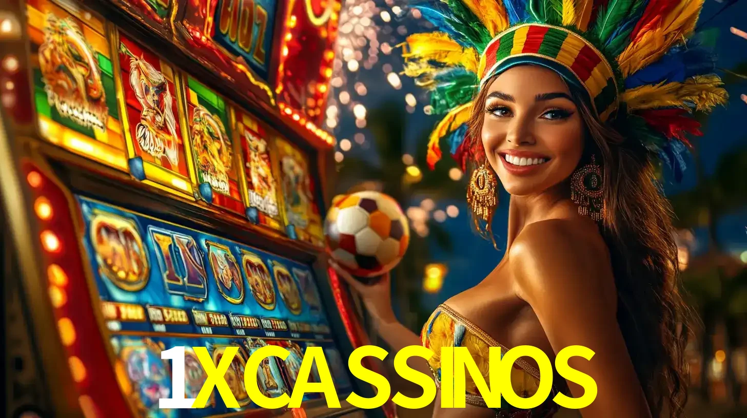 Mulher com um cocar de carnaval ao lado de uma máquina de caça-níqueis enquanto segura uma bola de futebol, mostrando a união da diversão de cassino e esportes no 1XCASSINOS.