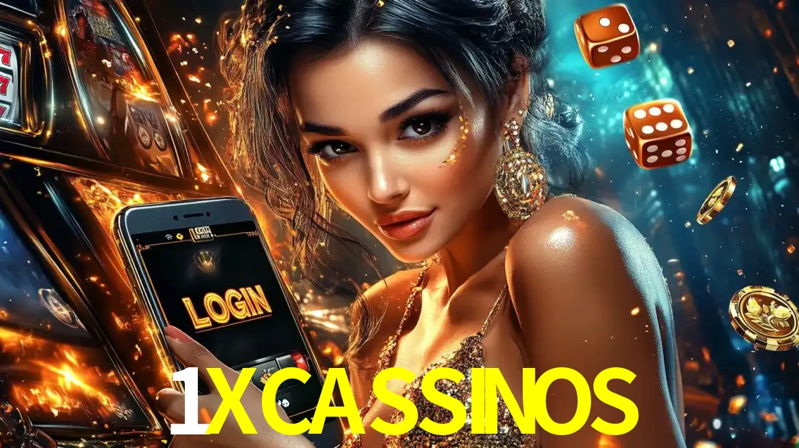 Mulher glamourosa segurando um celular com a tela de login do cassino 1XCASSINOS, rodeada por dados e moedas douradas, pronta para começar a diversão.