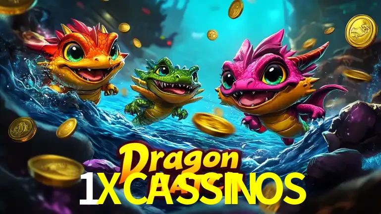 Arte promocional do jogo Dragon Hatch com três adoráveis dragões bebês nadando entre moedas de ouro, um dos slots mais divertidos para jogar no cassino 1XCASSINOS.