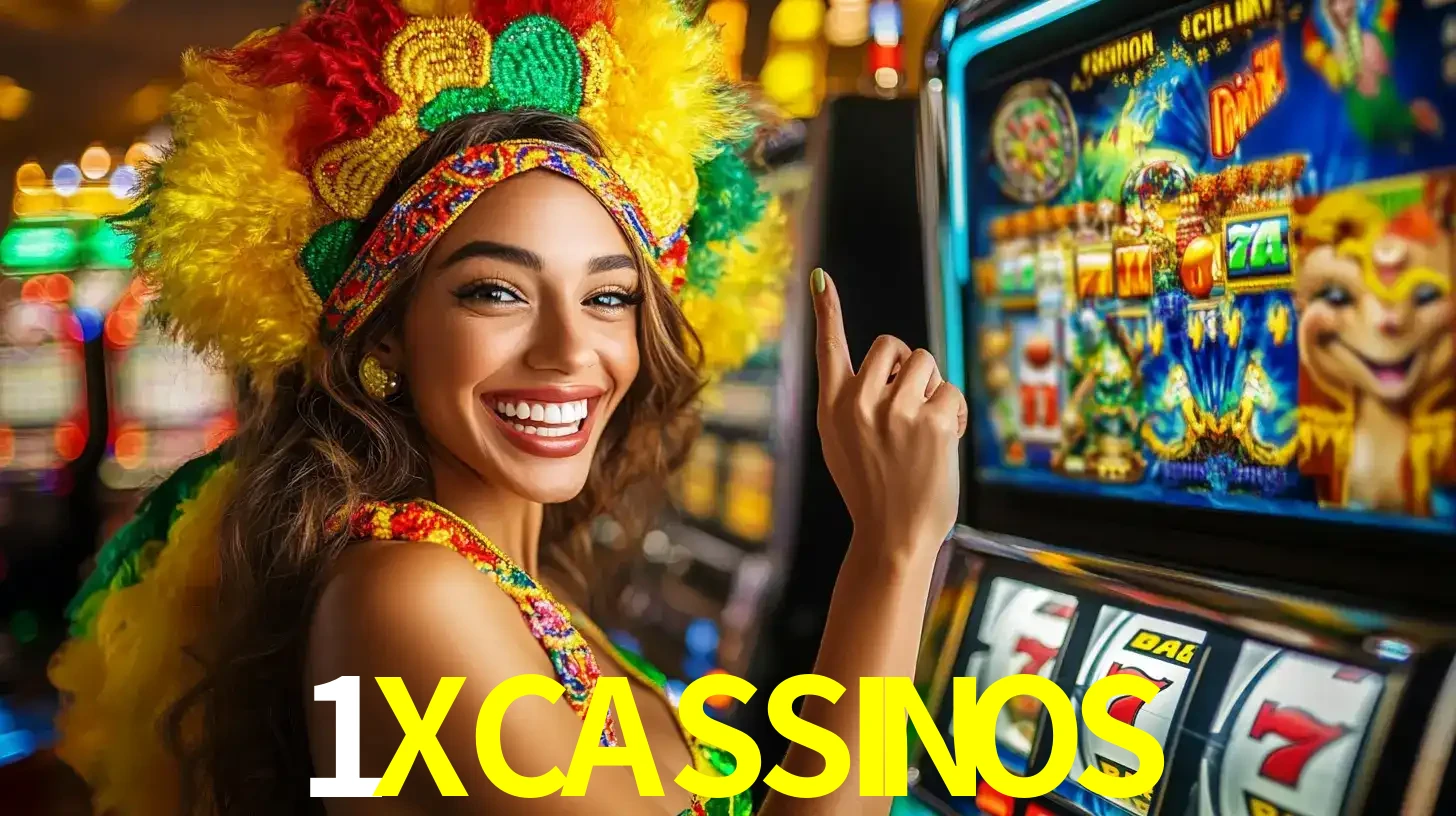 Mulher animada com um cocar de carnaval apontando para uma máquina de caça-níqueis, mostrando a emoção de ganhar um grande prêmio nos jogos do 1XCASSINOS.