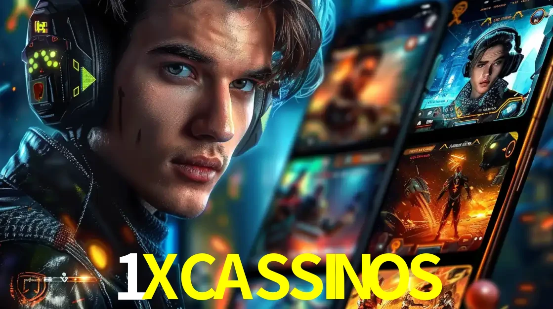 Jovem jogador com fones de ouvido olhando para a câmera, com um aplicativo de jogos e e-sports para celular ao fundo, pronto para a competição e apostas no 1XCASSINOS.