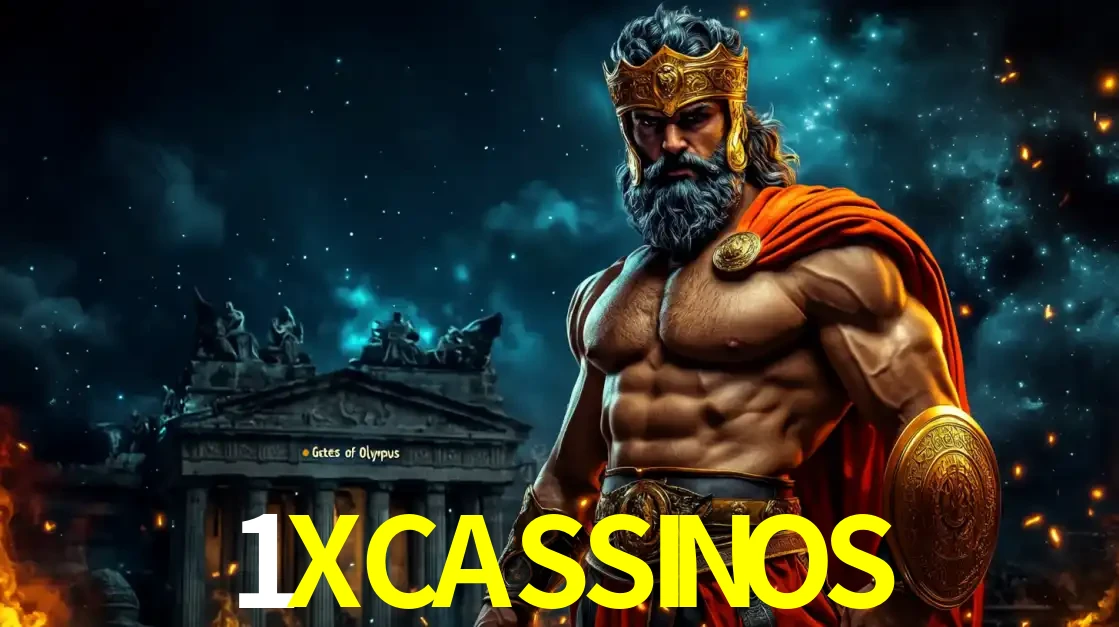 O poderoso Zeus do jogo de slot Gates of Olympus em frente ao seu templo, pronto para lançar multiplicadores divinos e prêmios épicos no cassino online 1XCASSINOS.