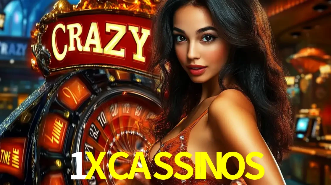 Mulher glamourosa olhando para a câmera com a roda vermelha do Crazy Time ao fundo em um ambiente de cassino, destacando a emoção dos jogos ao vivo no 1XCASSINOS.