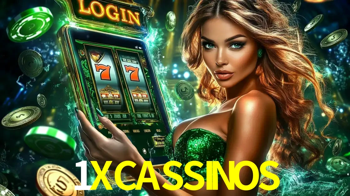 Mulher com tema verde apresentando o aplicativo do cassino 1XCASSINOS com um jogo de slot de 777, cercada por fichas de cassino e uma aura de sorte.