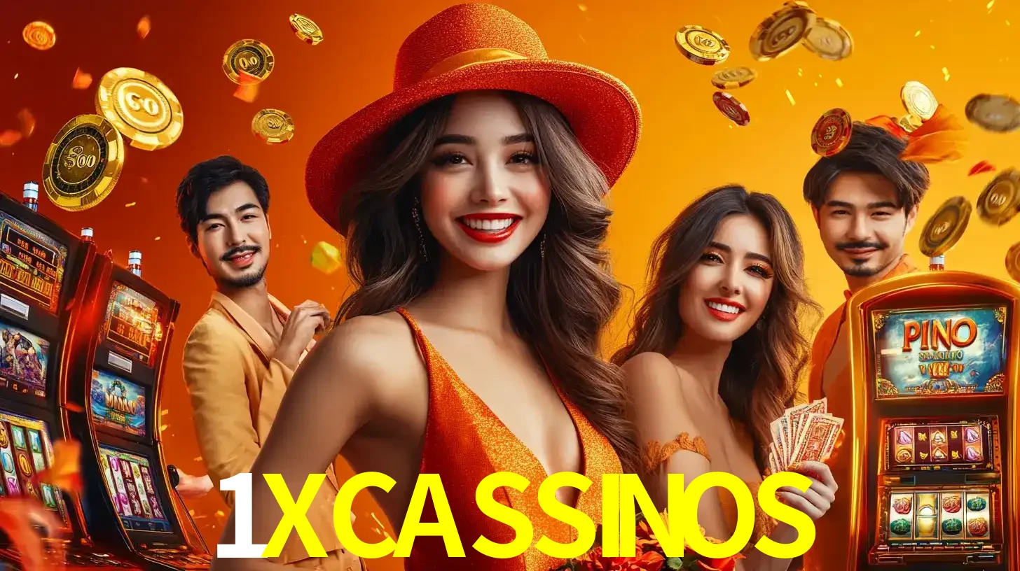 Grupo de amigos asiáticos sorrindo e se divertindo com máquinas de caça-níqueis em um ambiente festivo, celebrando suas vitórias nos jogos de cassino do 1XCASSINOS.