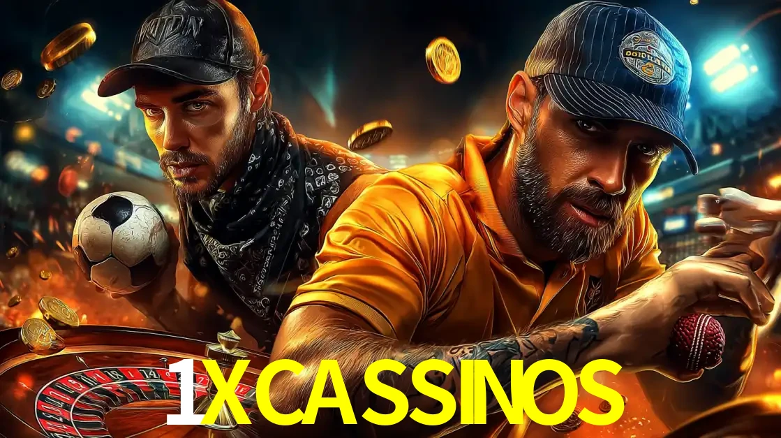 Montagem de apostas esportivas e cassino no 1XCASSINOS, com um homem segurando uma bola de futebol e outro uma de beisebol sobre uma roleta e moedas voadoras.