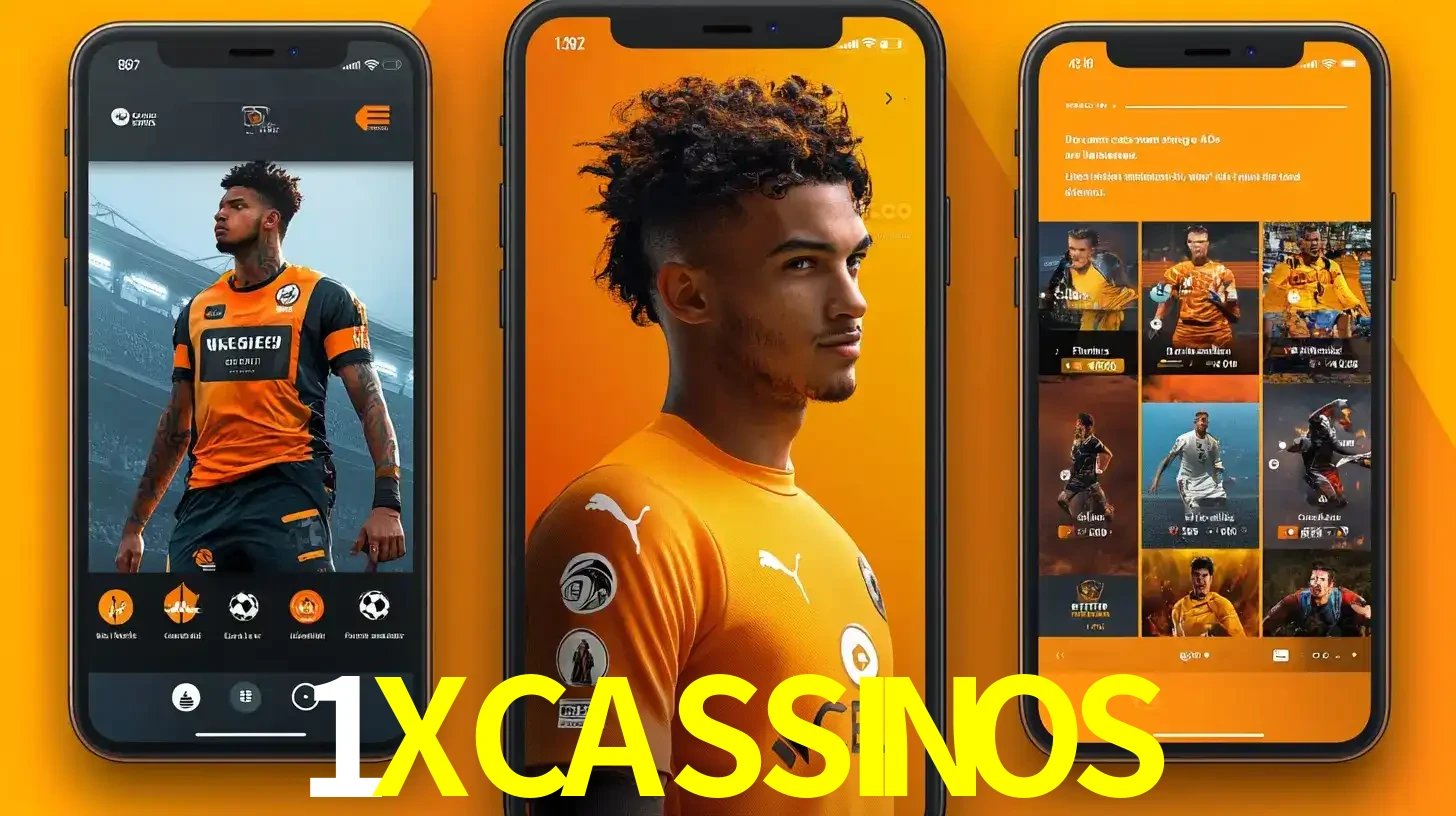 Interface do aplicativo de apostas esportivas 1XCASSINOS em três telas de celular, mostrando o perfil de um jogador de futebol e a lista de jogos disponíveis para apostar.