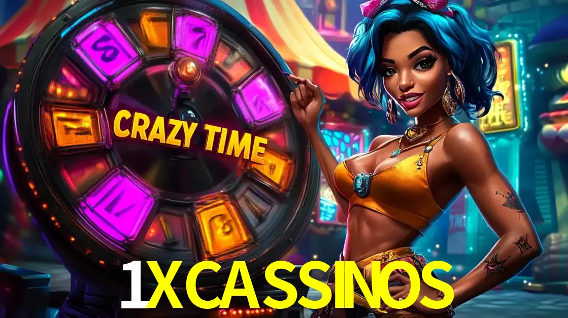 Mulher estilizada com cabelo azul e visual vibrante posando ao lado da roda de prêmios do game show Crazy Time, convidando para a diversão e os bônus do cassino 1XCASSINOS.
