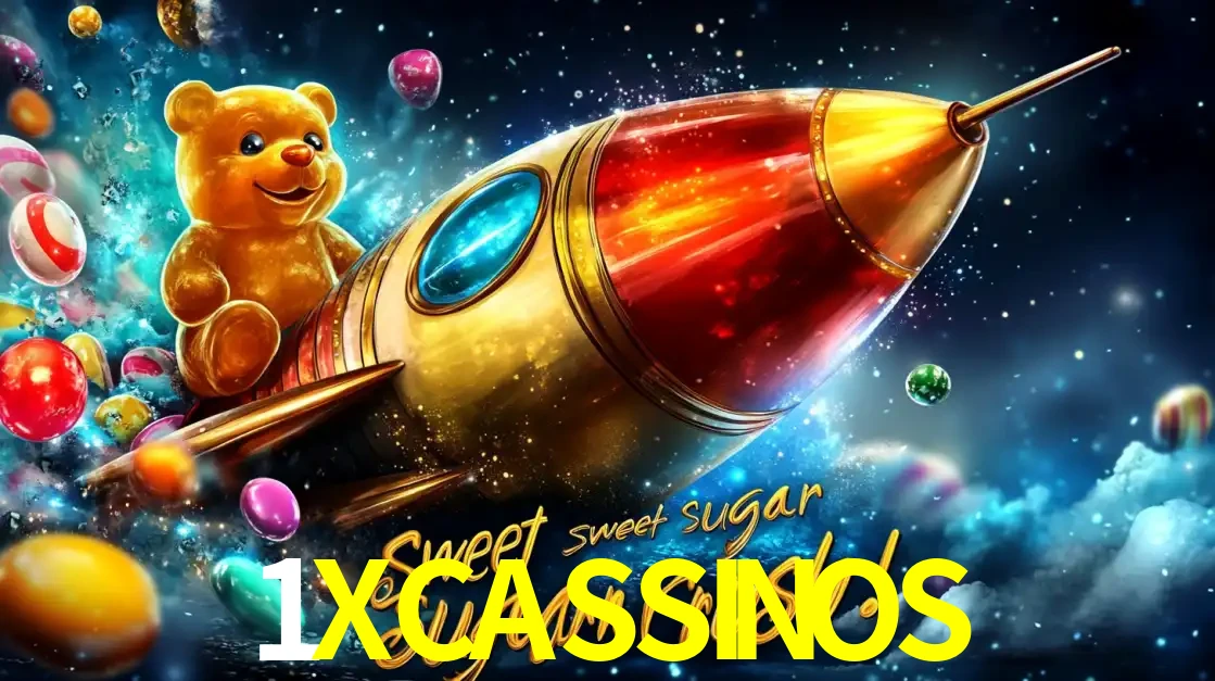Arte promocional do jogo de slot Sugar Rush, com um urso de pelúcia em um foguete viajando pelo espaço de doces, um dos jogos divertidos disponíveis no cassino 1XCASSINOS.