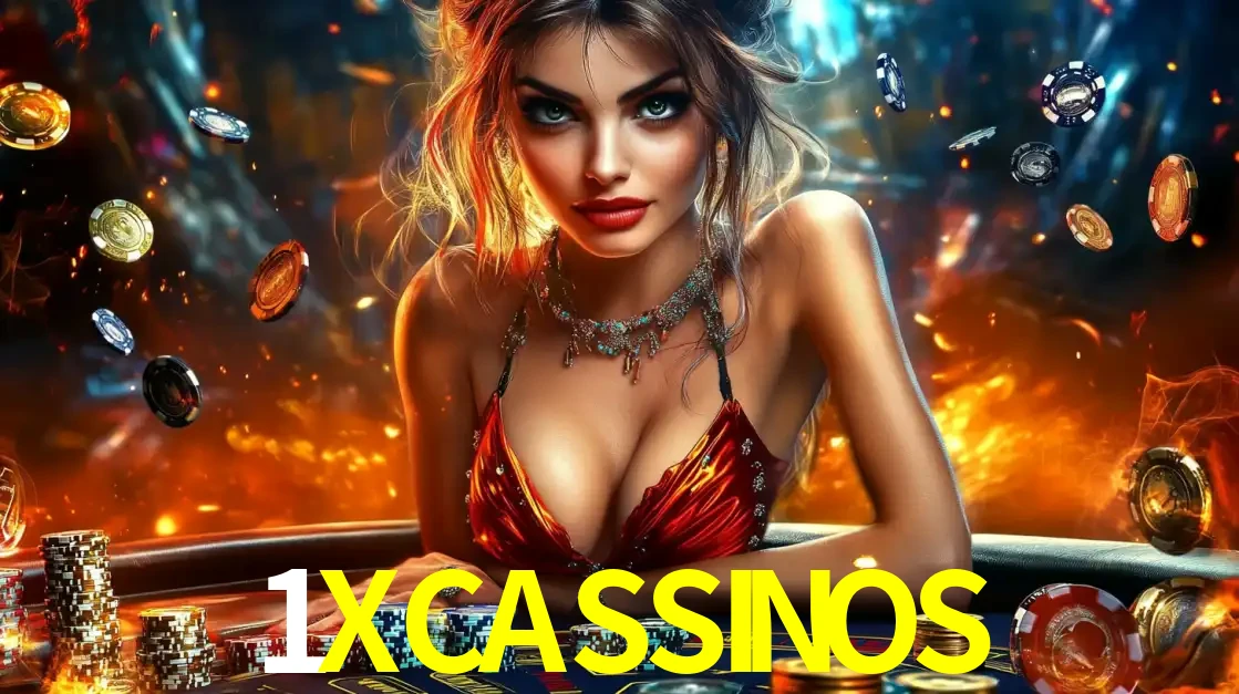 Mulher em uma mesa de cassino com pilhas de fichas e um fundo de fogo, pronta para uma rodada de altas apostas nos jogos de mesa emocionantes do cassino 1XCASSINOS.