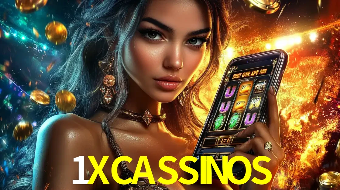 Mulher elegante mostrando um jogo de caça-níqueis em seu smartphone, destacando a experiência de cassino móvel oferecida pelo aplicativo 1XCASSINOS.