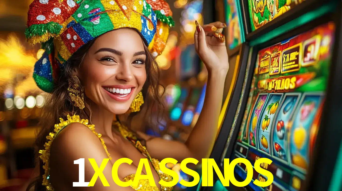 Mulher feliz com traje de carnaval amarelo e colorido ao lado de uma máquina de caça-níqueis, aproveitando a diversão e os jogos temáticos do cassino 1XCASSINOS.