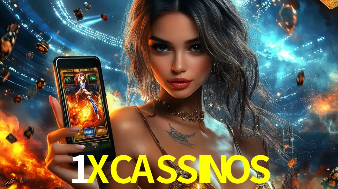 Mulher segurando um celular com um jogo de slot em destaque, tendo como fundo um estádio vibrante, simbolizando a emoção de jogar no cassino móvel 1XCASSINOS.