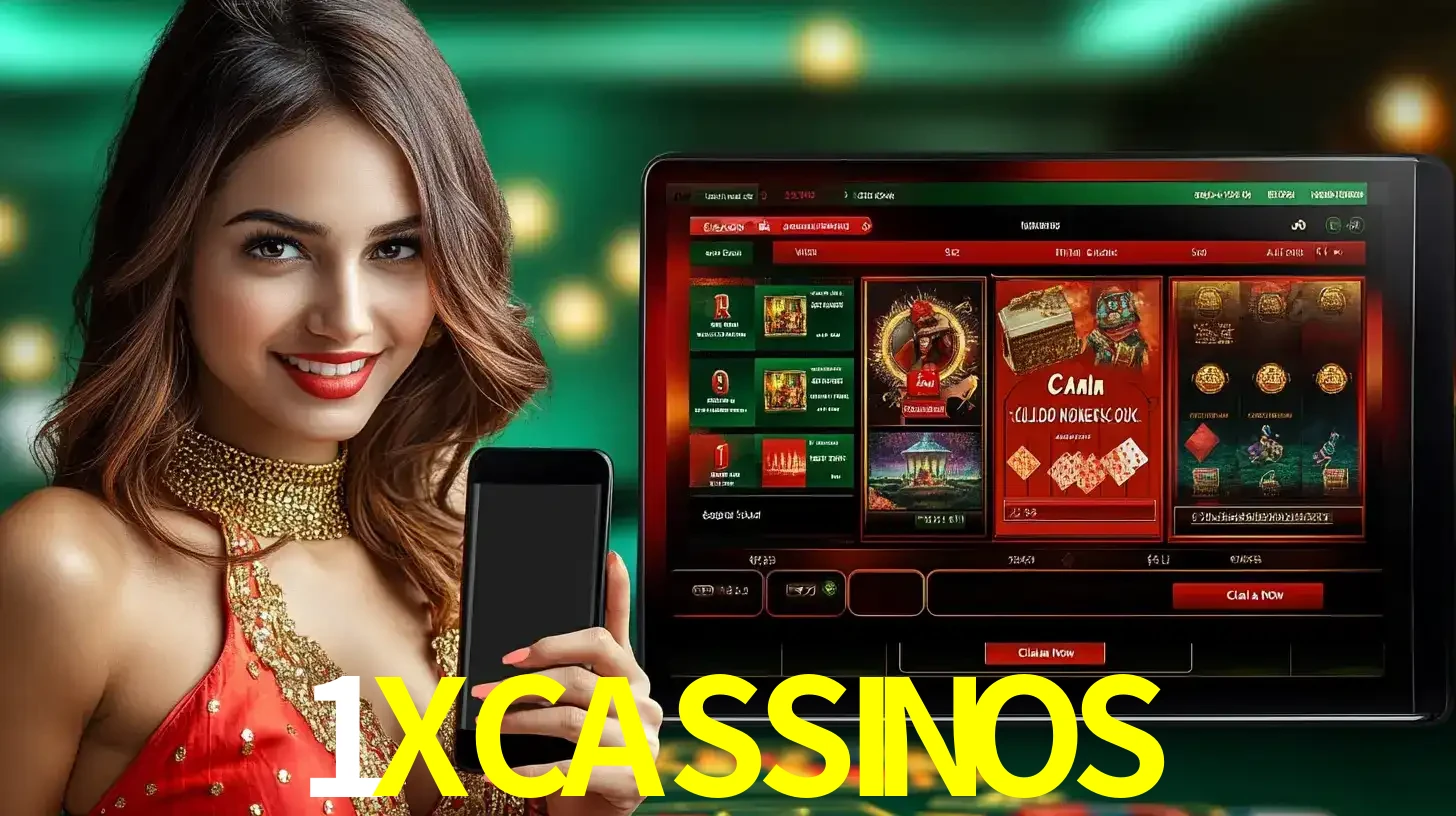 Mulher sorridente segurando um smartphone, ao lado de uma tela exibindo o lobby de jogos do cassino online 1XCASSINOS, com várias opções de jogos de cartas e slots.